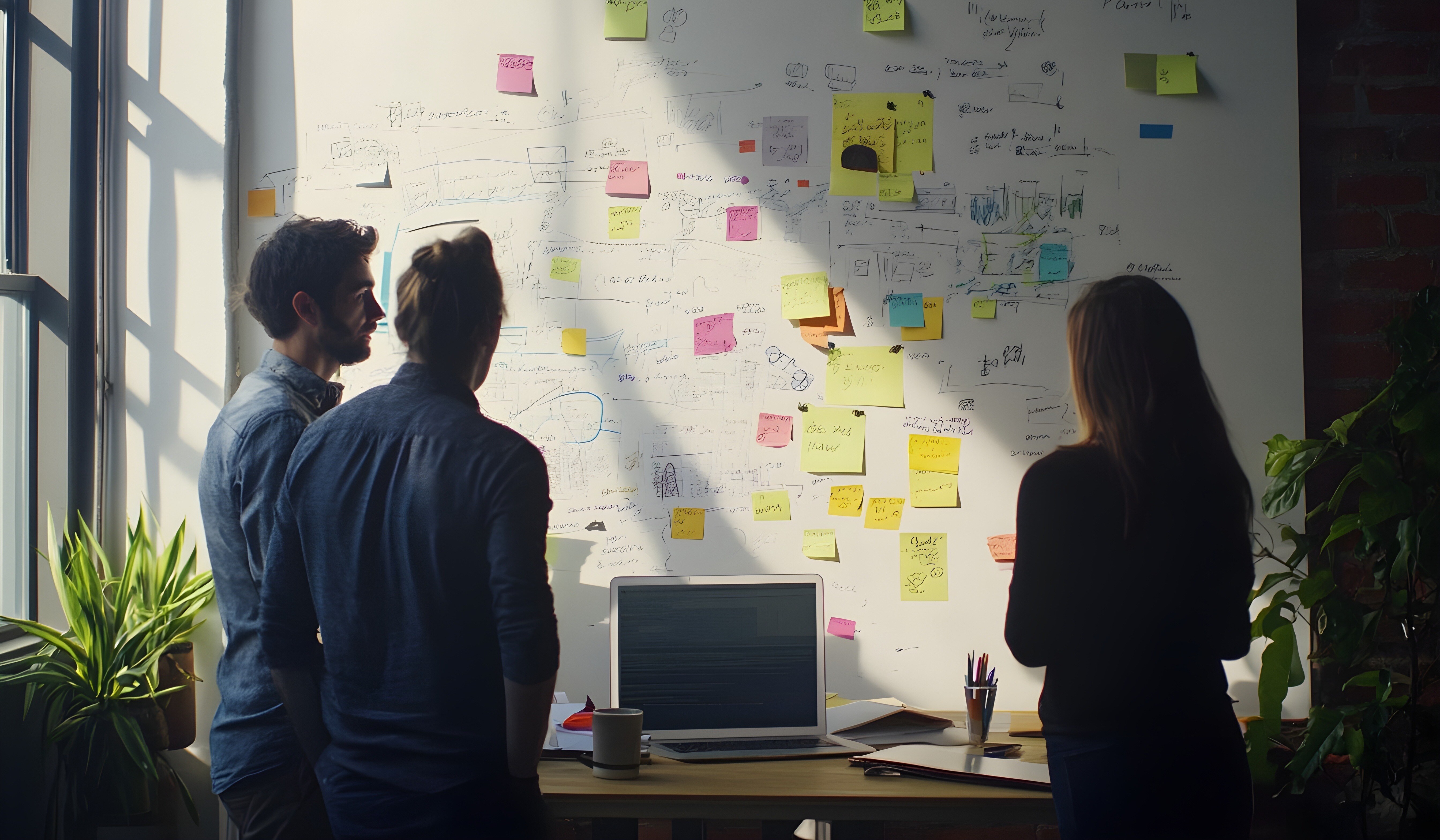 Three people stand around a table, examining a whiteboard filled with diagrams and colorful sticky notes crucial to the product validation process. A laptop and office supplies are scattered on the table, while sunlight streams through a window, casting shadows.