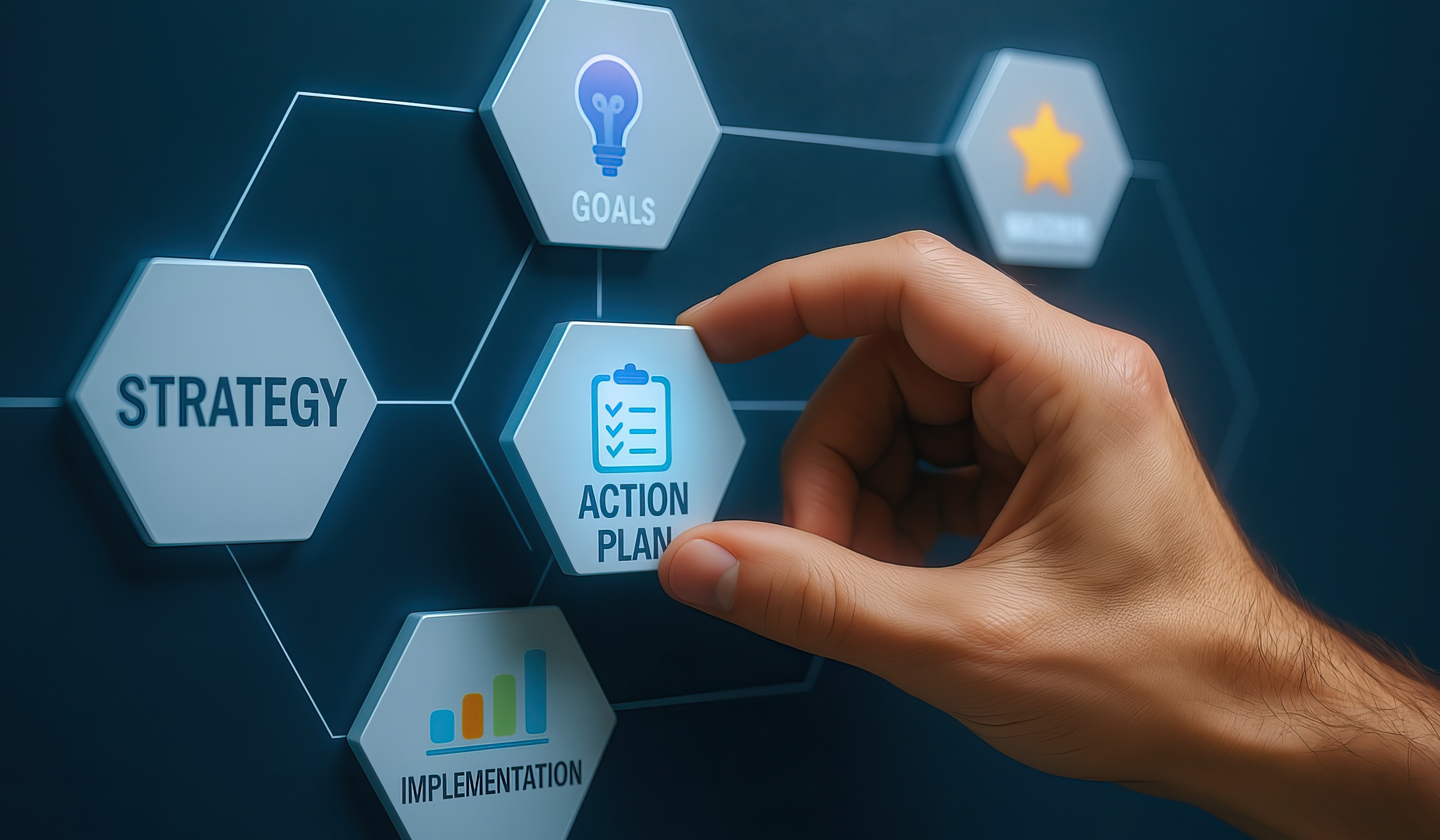 Hand selecting action plan tile from interconnected hexagons displaying strategy, goals, implementation, representing structured approach to AI strategy development
