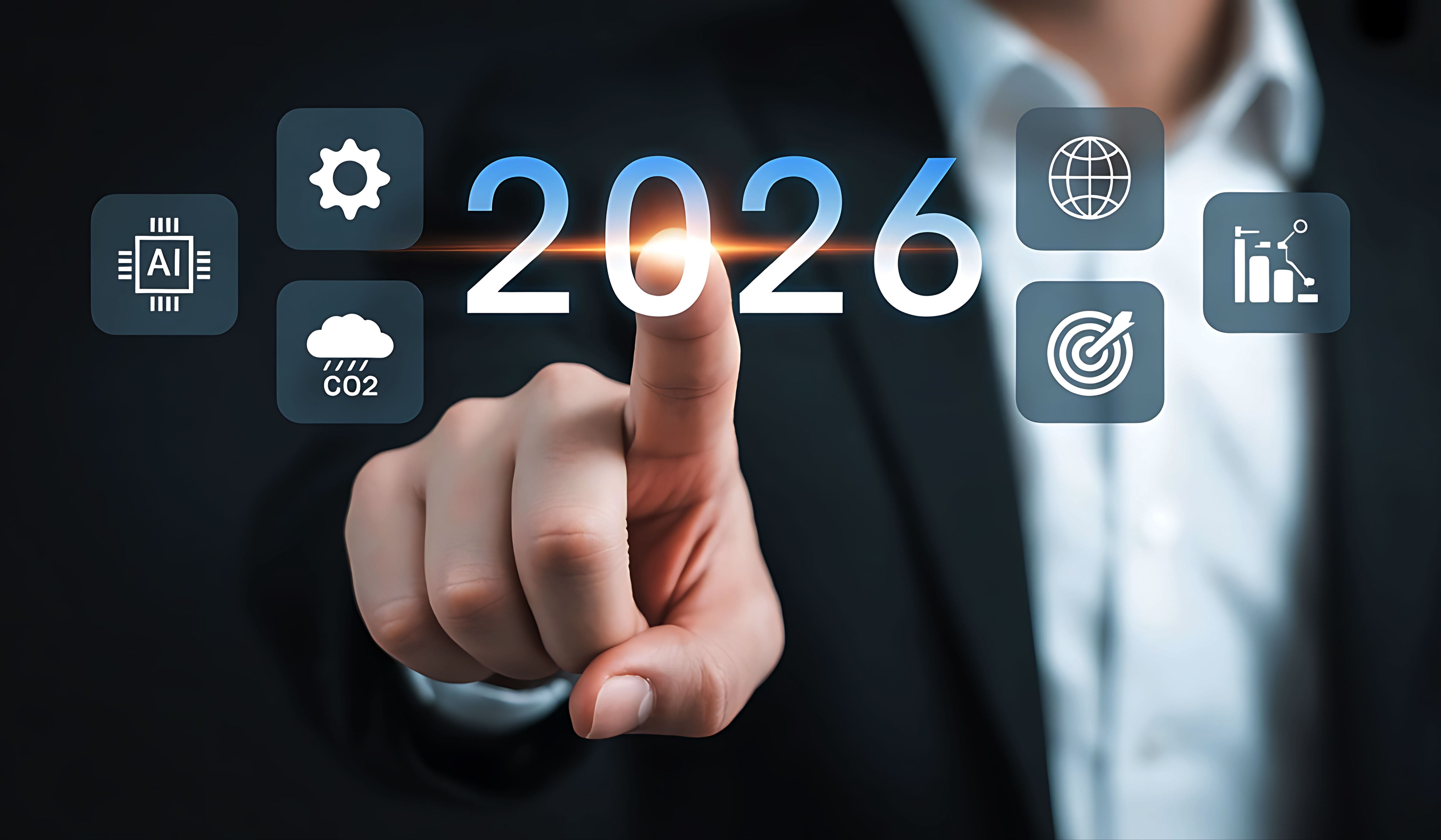 Business professional pointing to 2026 surrounded by technology icons including AI, analytics, and global connectivity—representing AI strategy planning