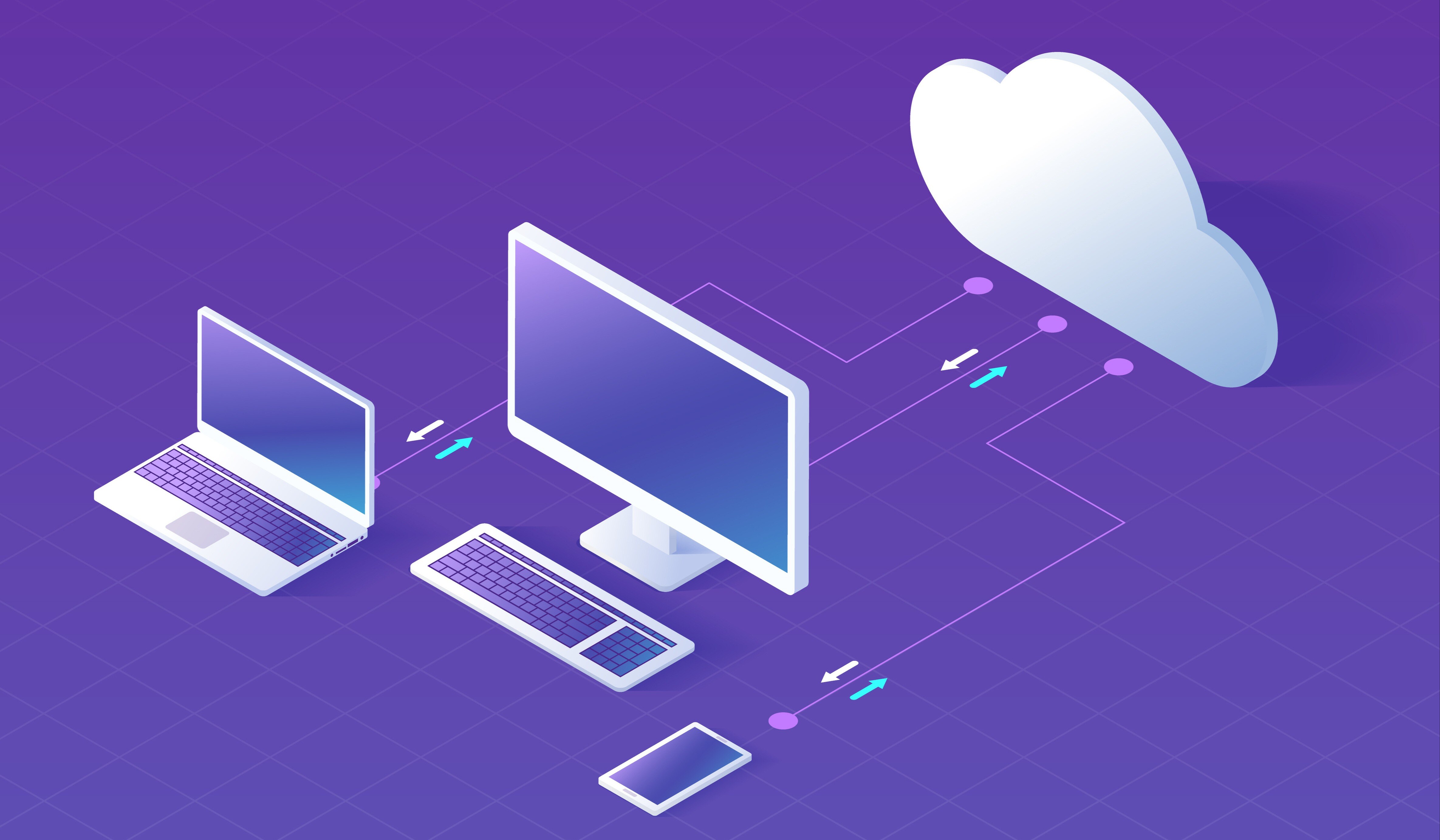 Isometric illustration of cloud computing: a laptop, monitor, keyboard, and smartphone seamlessly connected to a cloud showcases efficient design on a purple grid background. This visual elegantly hints at streamlined operations that optimize cloud cost management.