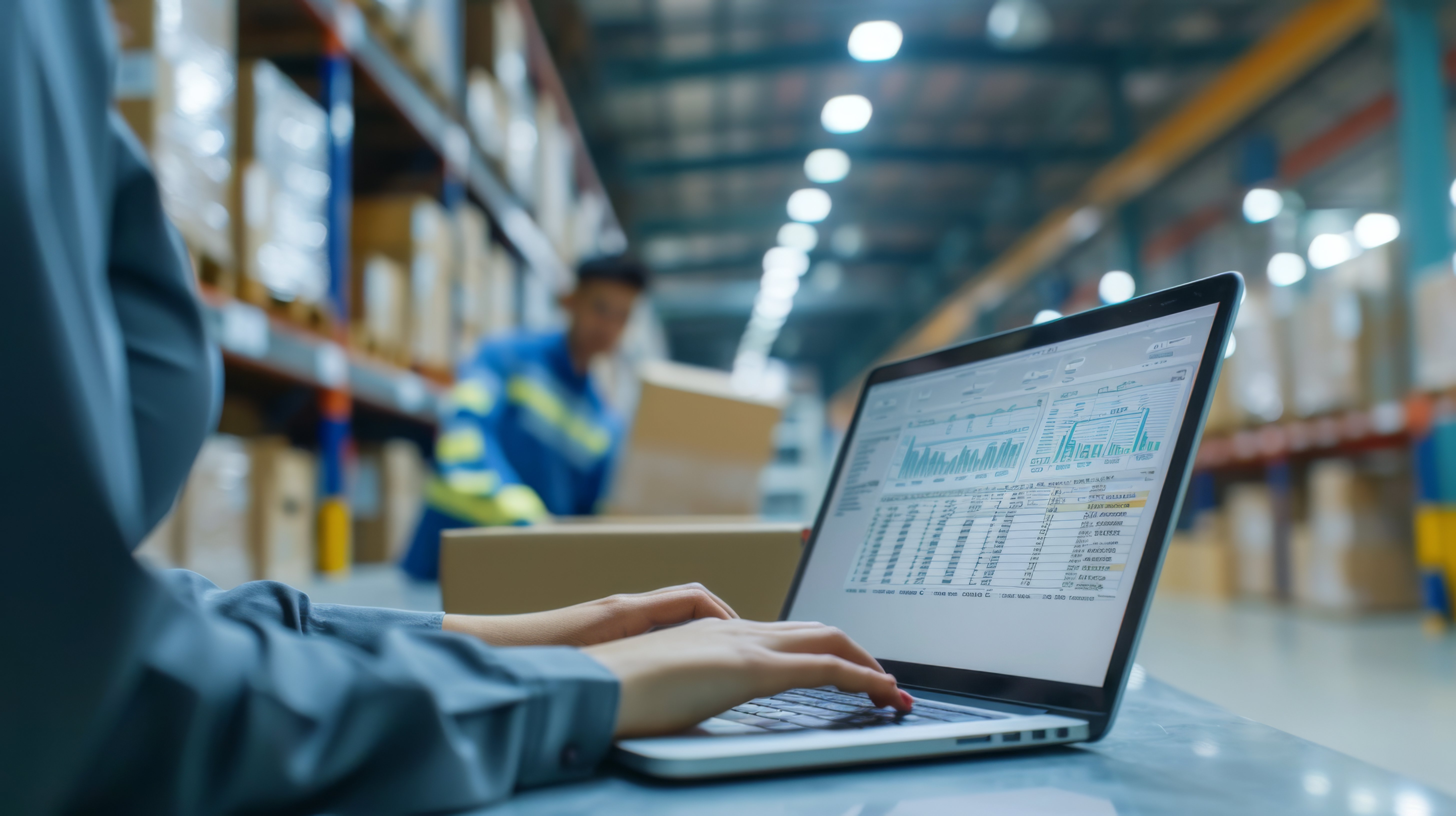Employee reviewing a real-time inventory dashboard on a laptop in a warehouse after legacy system modernization, showing streamlined data and faster insight.