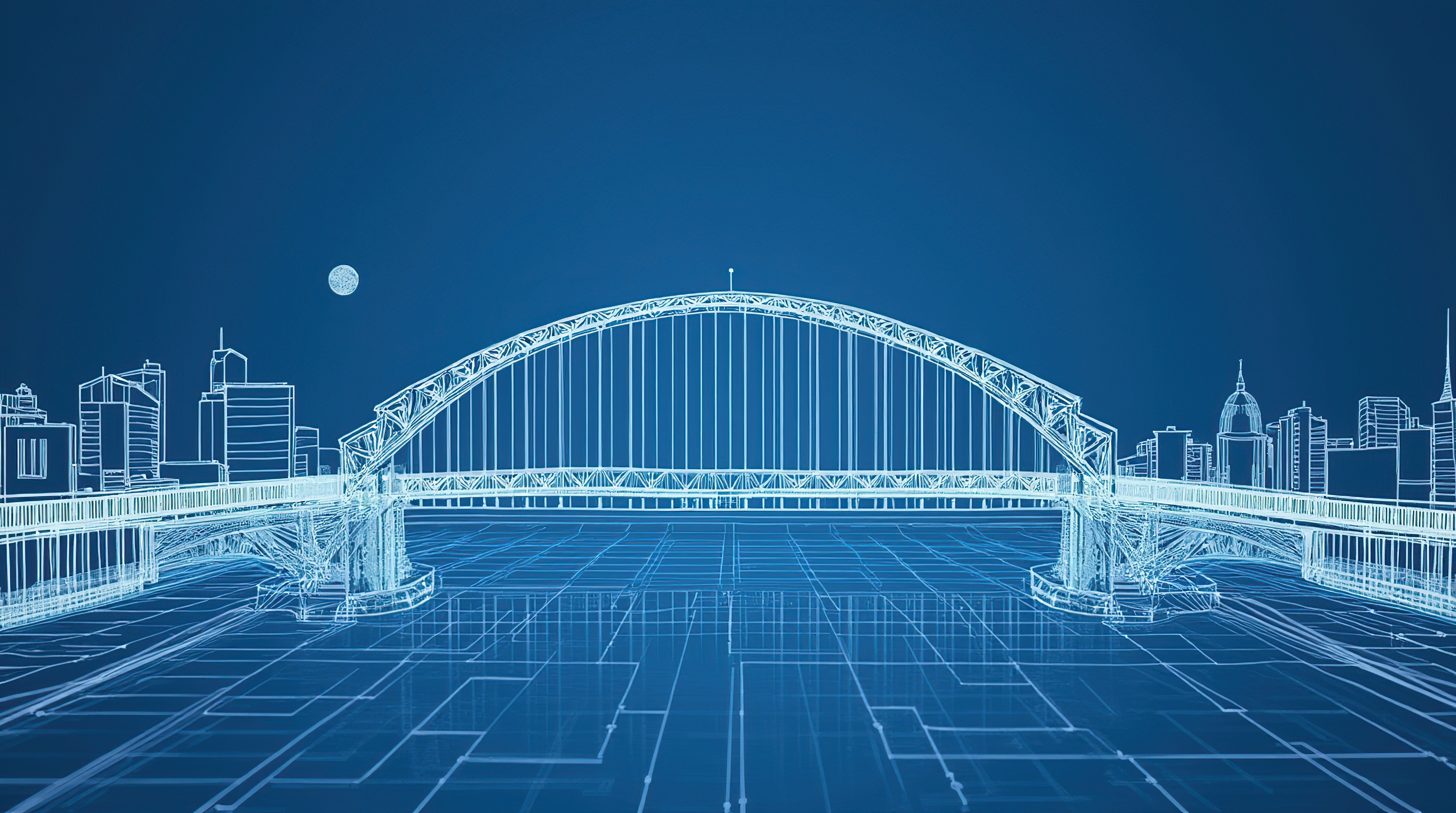 Digital blueprint-style illustration of a suspension bridge, symbolizing b2b integration, with a surrounding city skyline against a blue background. The structures are depicted in white linework with the grace of data quality and consistency under the full moon in the sky.