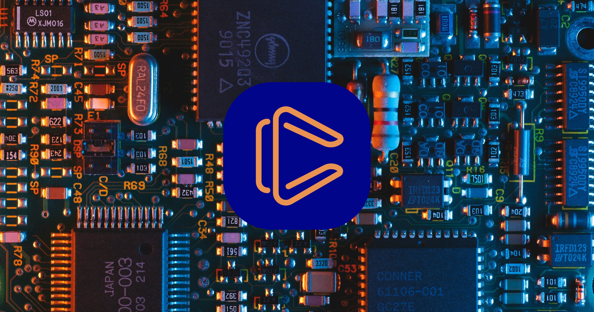 Close-up of a circuit board with various electronic components. A blue logo with an orange stylized