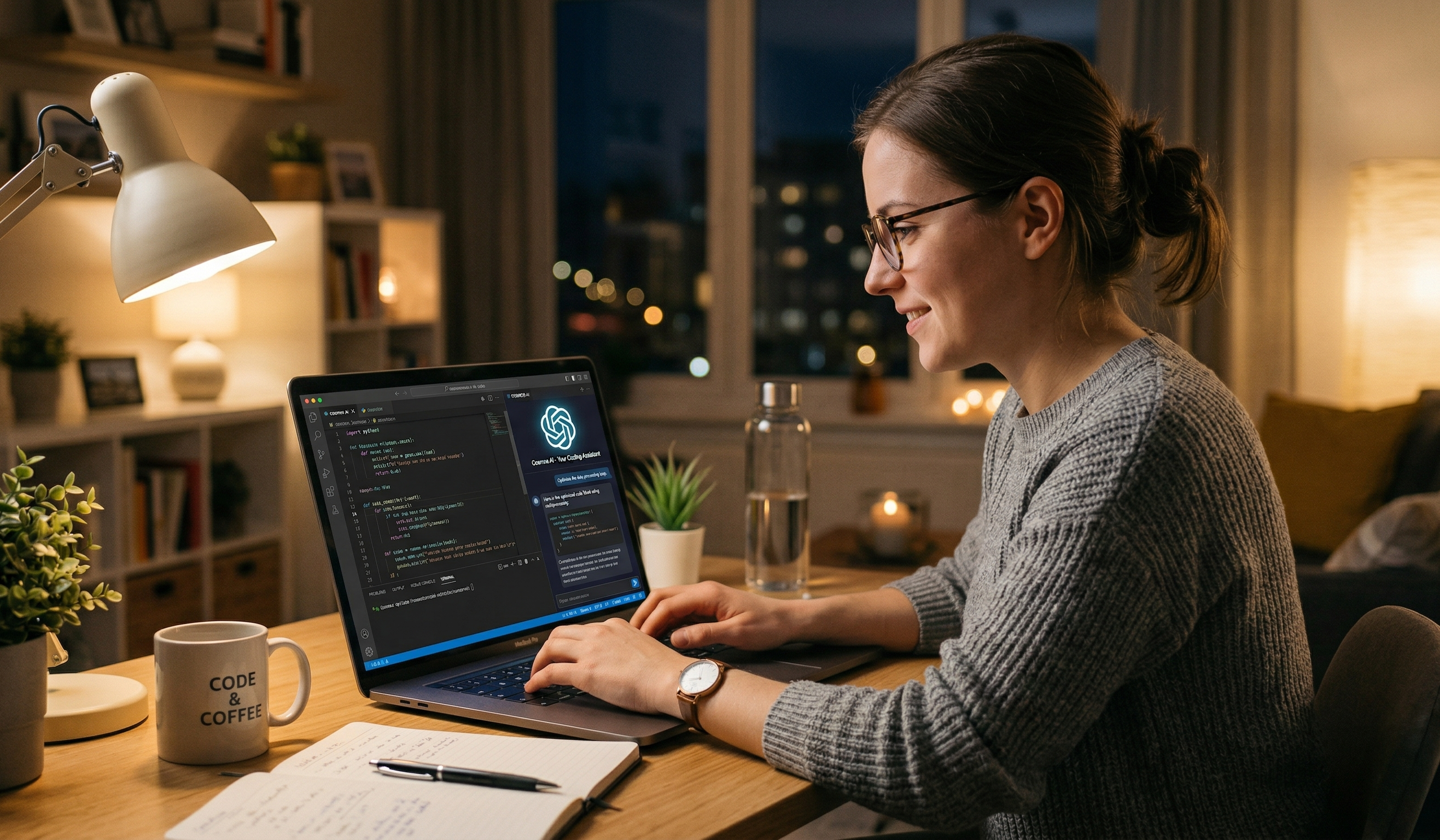 Software developer working with an AI coding assistant on a laptop in a home office