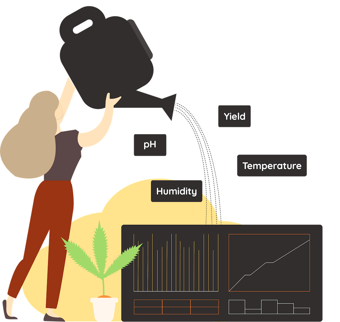 Illustration of a cannabis technology consultant watering graphs labeled pH, Yield, Temperature, and Humidity. The graphics include line and bar charts and a plant, symbolizing data analysis and growth. Flowers float in the background, representing innovation in cultivation practices.