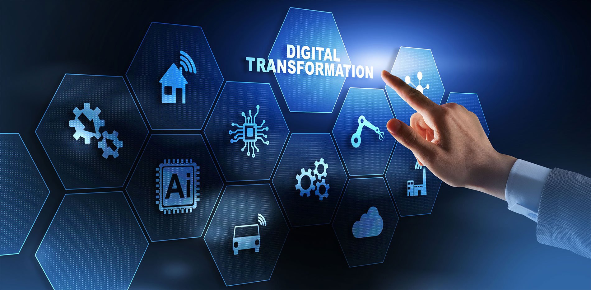 A hand points to a hexagonal digital transformation icon, surrounded by symbols of technology, automation, AI, cloud computing, and connectivity. These interconnected icons create a seamless network on a blue, futuristic background.