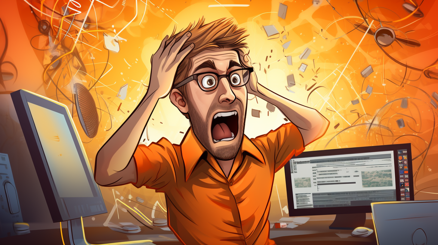 A person with glasses, wearing an orange shirt, screams in frustration amid a whirlwind of digital transformation mistakes. Chaotic flying computer parts swirl around as two monitors display code, while papers and gadgets float in a fiery, chaotic background.