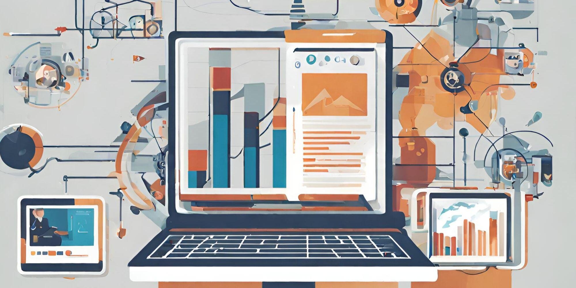 A digital illustration of a laptop showcasing a bar graph and a document, enveloped by abstract connections and smaller screens with charts. The scene conveys a theme of data analysis, digital transformation, and technology integration.