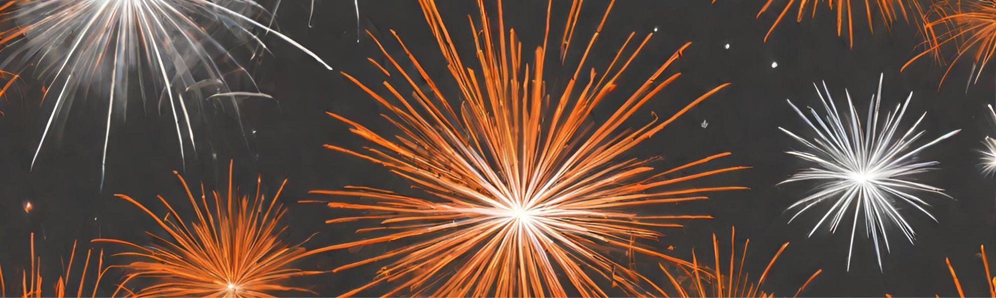 Orange and white fireworks burst against a dark sky, much like the unexpected sparks of tech predictions lighting up the horizon. The vibrant display captures the energetic and festive atmosphere that mirrors the excitement surrounding emerging tech trends.