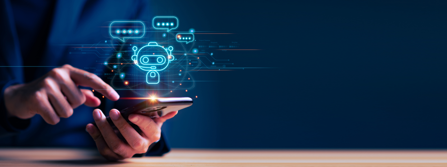 A person taps on a smartphone screen with a glowing bot icon and speech bubbles hovering above, symbolizing the innovative rag chatbot technology. The background is dark blue, emphasizing the digital interface elements.