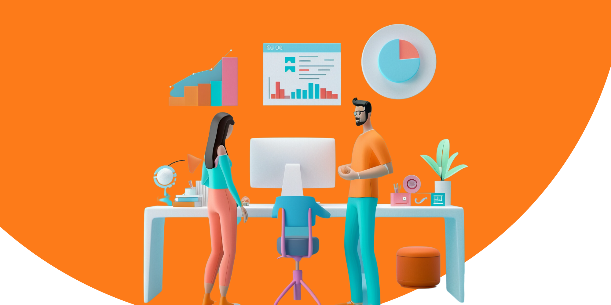 A woman and a man stand by a desk with a computer, discussing graphs on the wall. The room features charts, a plant, globe, and office decor set against an orange background—an ideal setting for sharing IT leader tips.