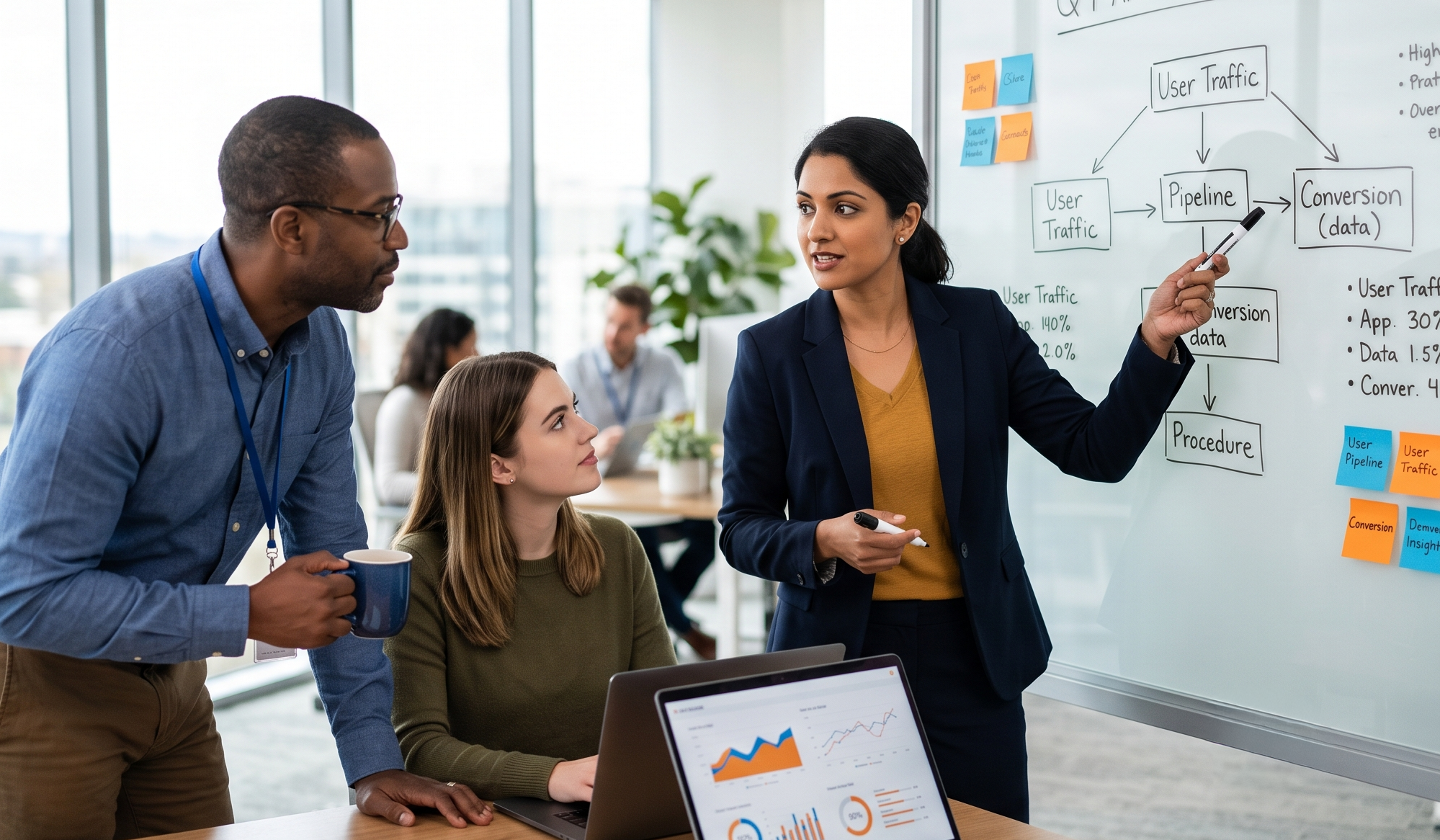 Mid-market data team at a whiteboard reviewing a data pipeline diagram and dashboards while choosing a data platform