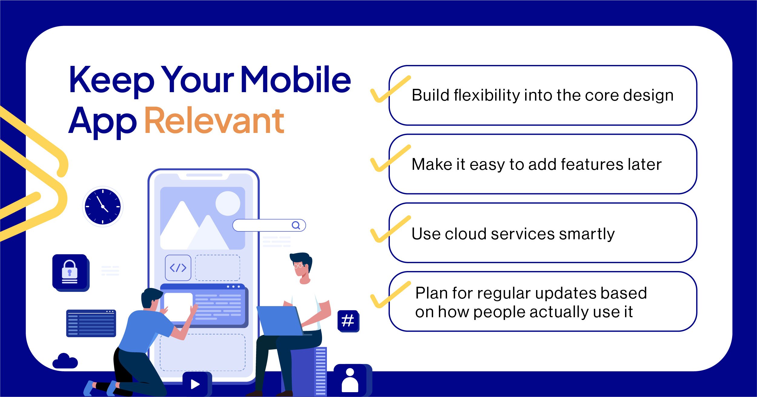 Illustration of two people working on a mobile app. Text offers tips: build flexibility into design, make it easy to add features, use cloud services smartly, and plan for updates based on user behavior—key strategies for successful enterprise mobile solutions.