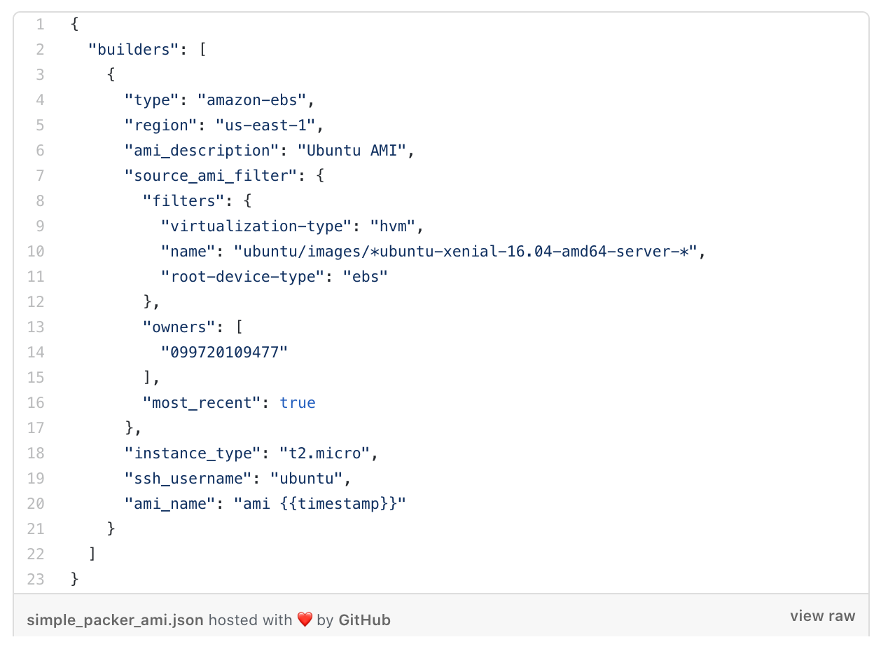 Screenshot of JSON code for a Packer template. It includes configuration settings like the AWS region, AMI description, and instance type. The code specifies builders and owners for creating an Ubuntu AMI on AWS using HVM virtualization.