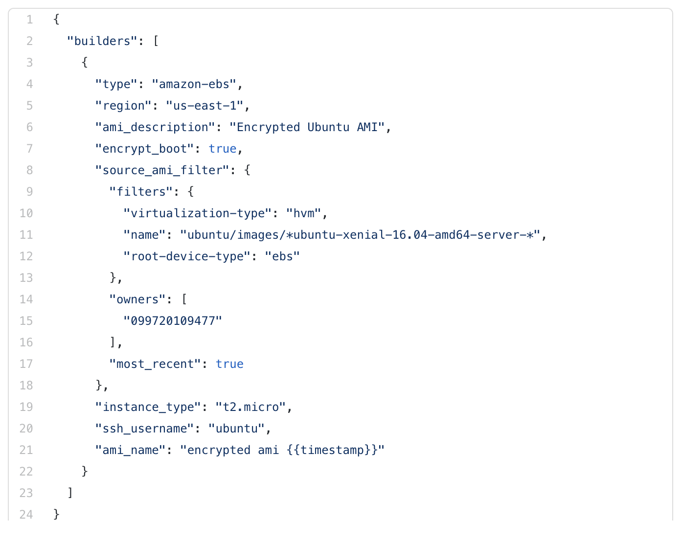 Screenshot of a JSON configuration file for Packer building an encrypted Ubuntu AMI. It includes details like type, region, AMI description, source AMI filter, owners, instance type, and AMI name.