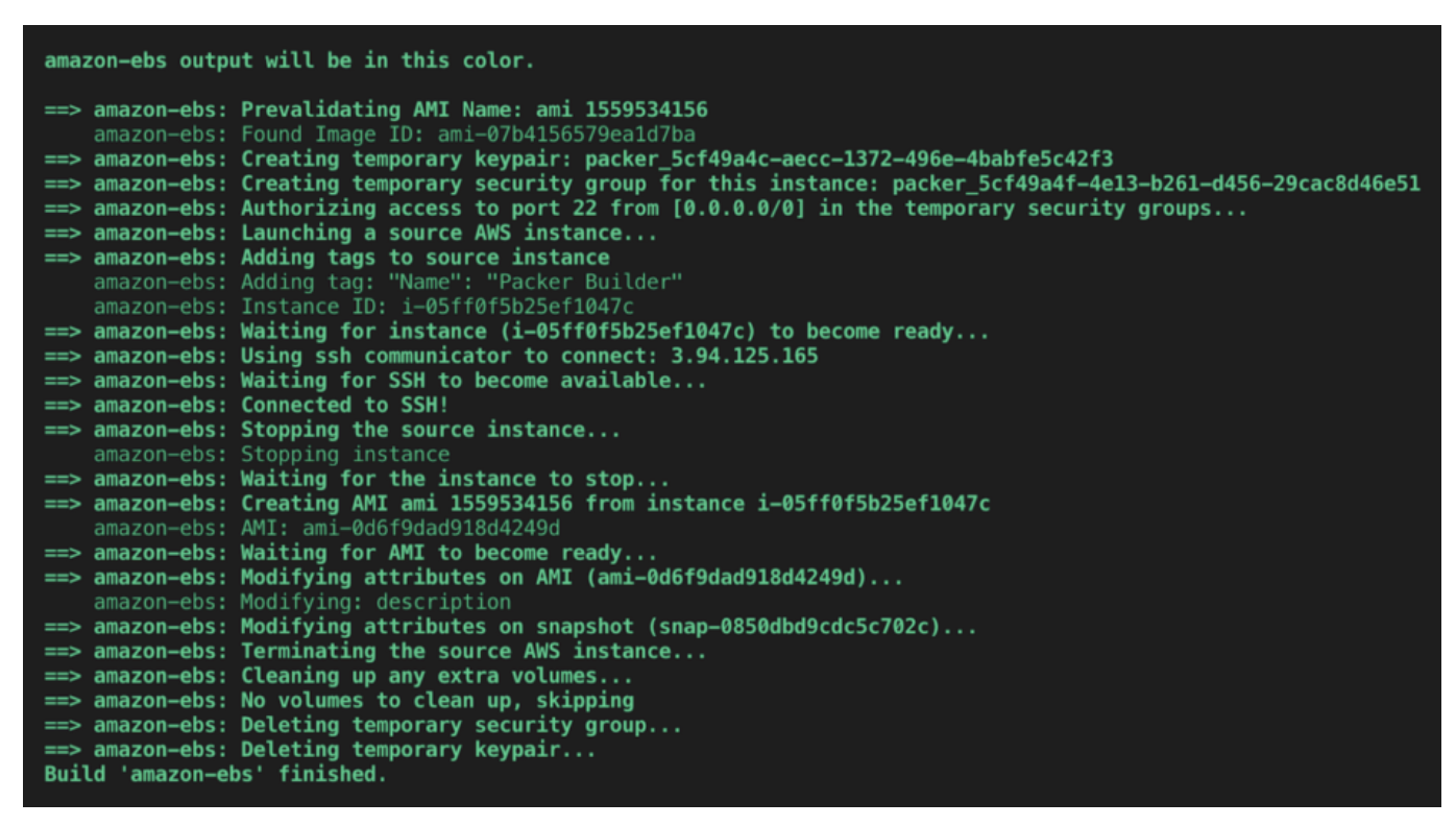 Screenshot of a command-line interface showing a process of launching and managing an AWS EC2 instance. The text includes actions like creating a security group, launching an instance, and modifying attributes, with status messages and identifiers.