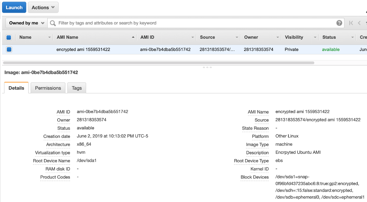 Screenshot of an AWS EC2 Dashboard displaying details of an AMI. It shows information like AMI ID, Source, Owner, Creation Date, Architecture, and Image Type. The platform is Ubuntu, and the status is available.