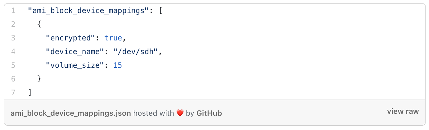 Screenshot of a code snippet showing a JSON object with block device mappings. The code includes "encrypted": true, "device_name": "/dev/sdh", and "volume_size": 15. The file is hosted on GitHub.