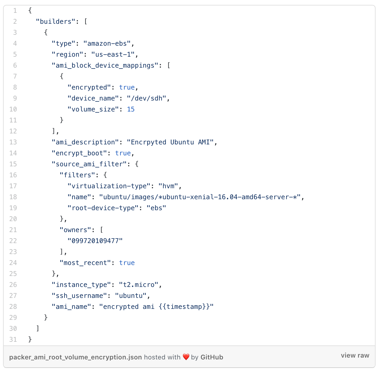 Screenshot of a JSON configuration file for creating an encrypted Amazon Machine Image (AMI) using Packer. Includes details like region, device name, source AMI filter, instance type, and owner ID.