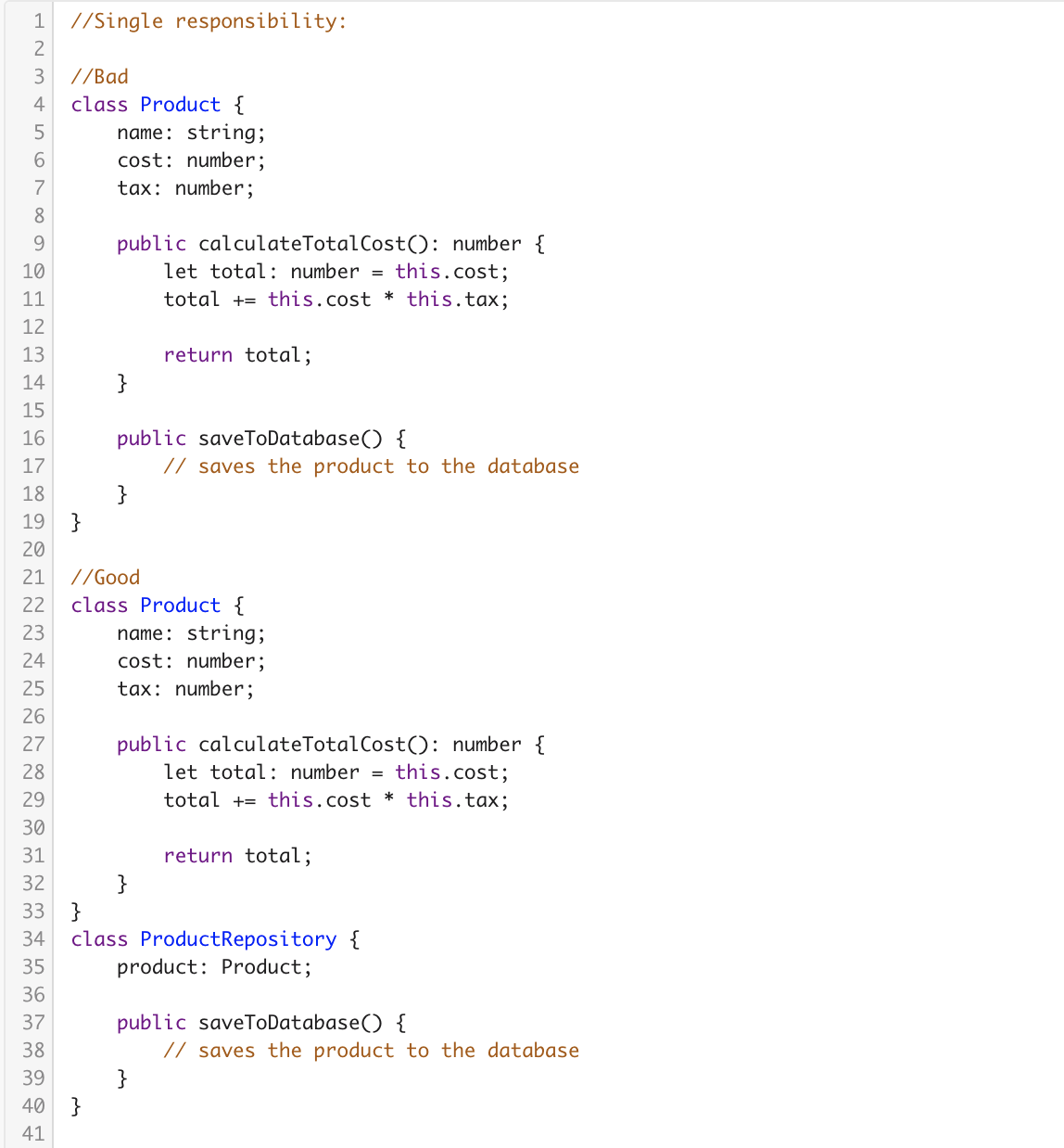 A code snippet illustrates the Single Responsibility Principle (SRP). The "Bad" example at the top resembles spaghetti code, with one class entangling product logic and database saving. The "Good" example below cleanly separates these into Product and ProductRepository classes.