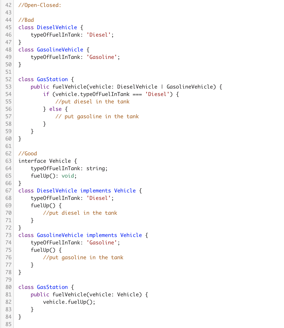 Screenshot of a code editor showcasing Java vehicle classes. The code includes examples of "Bad" spaghetti code and "Good" implementations for handling diesel and gasoline vehicles. The "Good" section uses interfaces, demonstrating an improved structure over tangled coding practices.