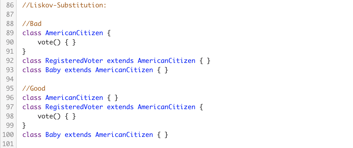 Screenshot of code illustrating the Liskov Substitution Principle, avoiding spaghetti code. It contrasts "Bad" and "Good" implementations in a class hierarchy involving "AmericanCitizen," "RegisteredVoter," and "Baby" classes, highlighting proper use of class extensions.