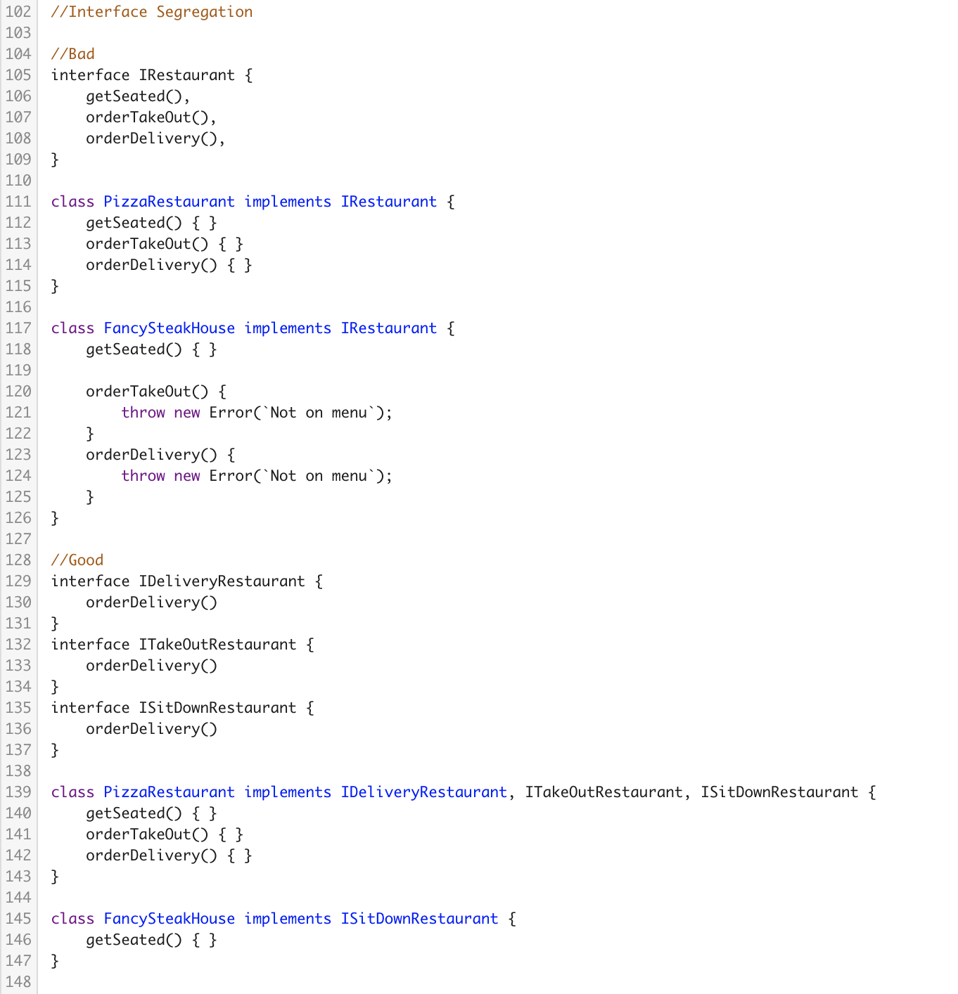 A code screenshot illustrating spaghetti code highlights bad and good examples of the Interface Segregation Principle in TypeScript. The flawed version shows a tangled single interface with multiple methods, while the improved example splits interfaces into specific roles for clarity.