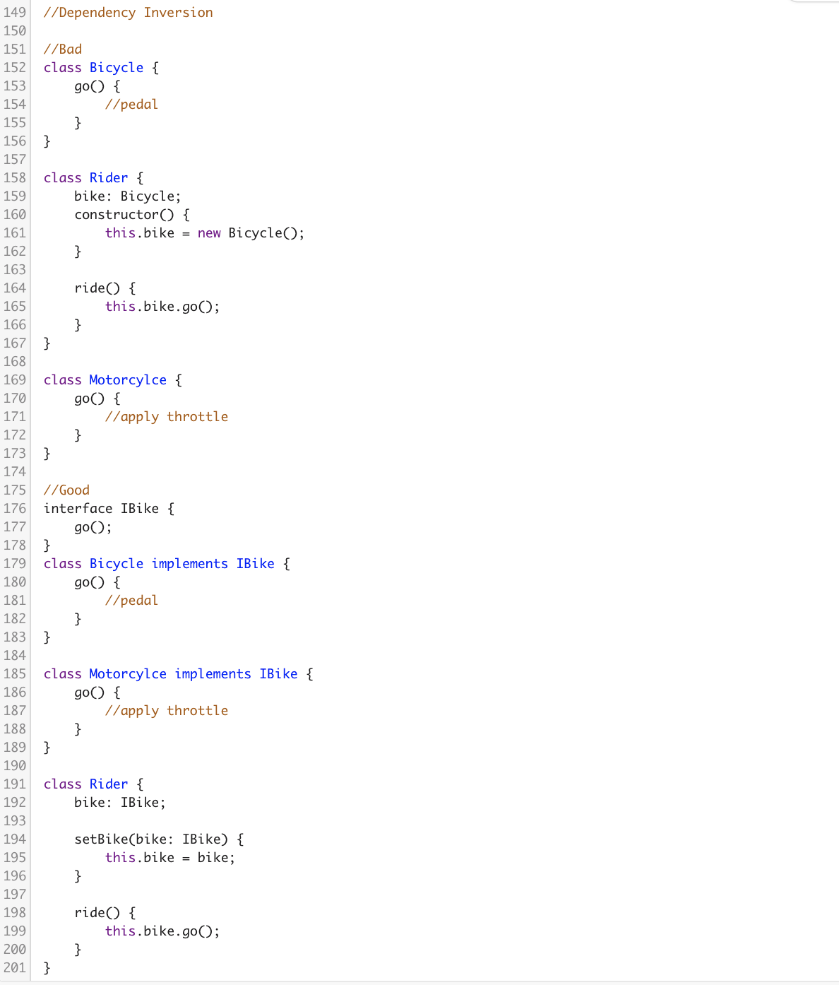 Code snippet illustrating dependency inversion. The "Bad" example resembles spaghetti code with a "Rider" class directly instantiating a "Bicycle" object. The "Good" example uses an interface "IBike," allowing the "Rider" to work with a "Motorcycle" via dependency injection.