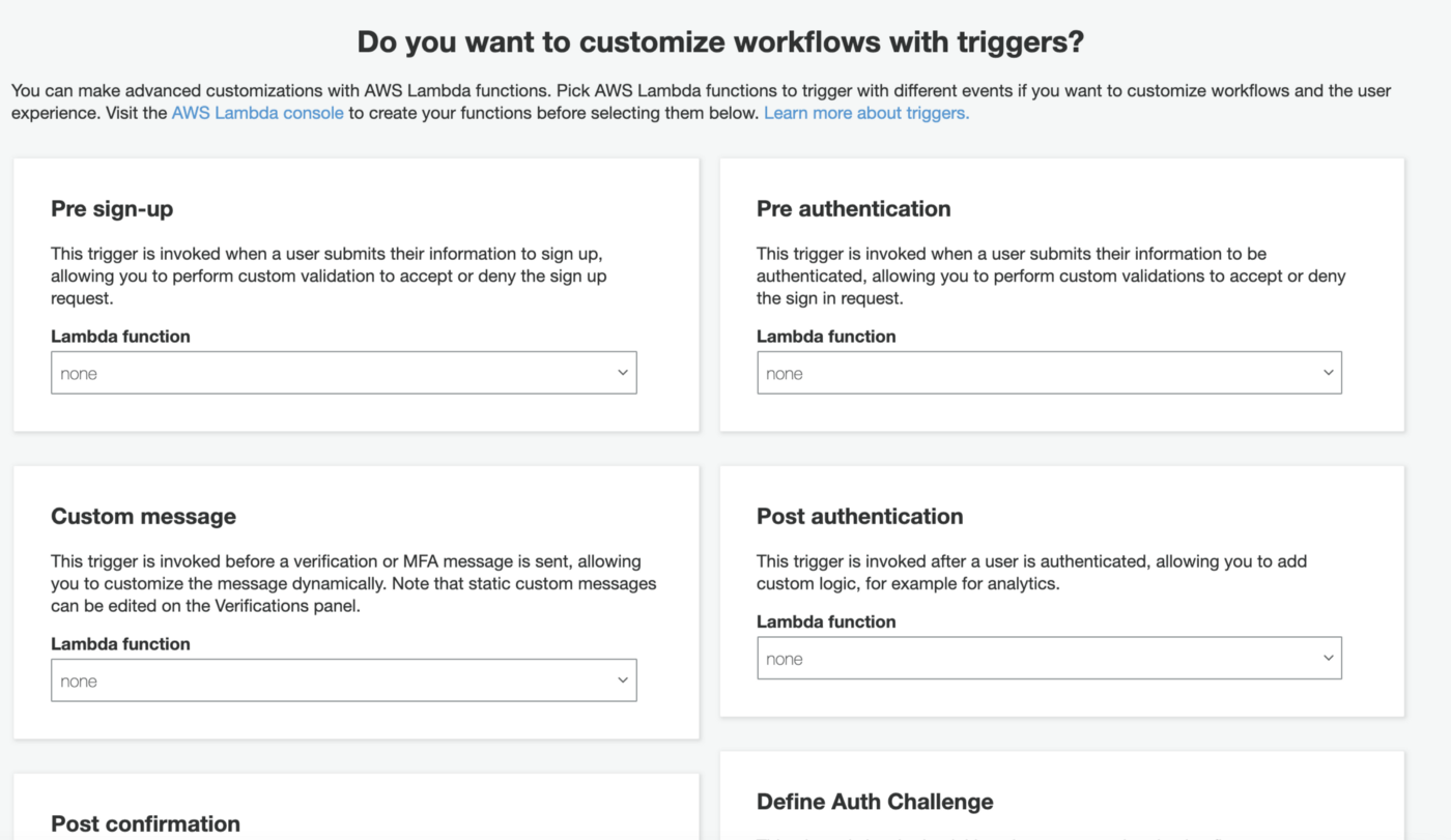 A user interface for customizing workflows with triggers using AWS Lambda functions. It includes sections for pre-sign-up, pre-authentication, post-authentication, verify auth challenge response, and define auth challenge, each with dropdown menus.