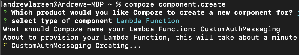 Terminal screenshot showing text-based interface. The user is using Compoze to create a new component. Selected "Lambda Function" with the name "CustomAuthMessaging." The creation process is in progress.