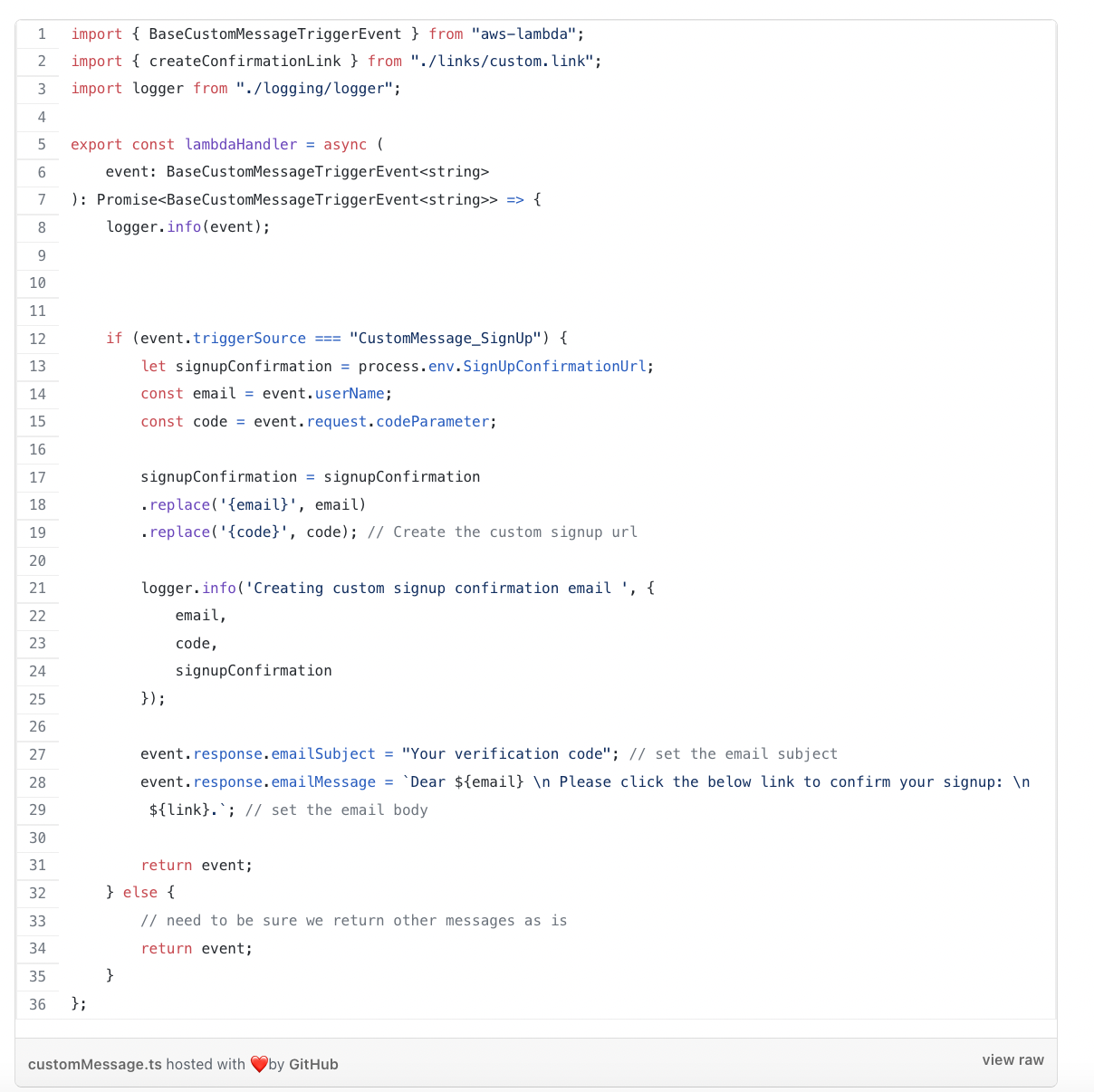 Screenshot of TypeScript code defining a Lambda function for sending a custom message. It checks event trigger source, logs activity, and customizes an email template with a confirmation link. The function responds with an email message or an empty return.