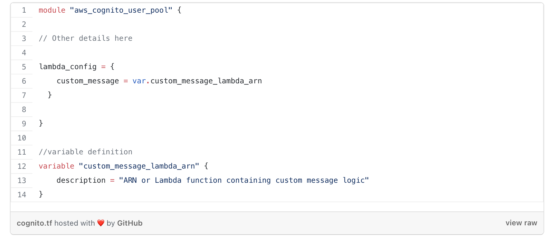 Screenshot of a code snippet defining an AWS Cognito user pool module. It includes a lambda_config with a custom_message ARN and a variable for custom_message_lambda_arn. The code is hosted on GitHub.