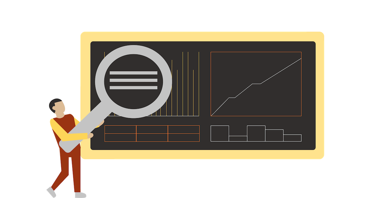 An illustration of a person holding a large magnifying glass, examining a screen displaying various graphs and charts. The screen features line and bar graphs, with abstract decor in the background, resembling the analytical expertise of a cannabis technology consultant.