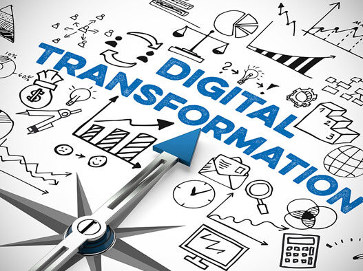 A compass needle points to "Digital Transformation," encircled by hand-drawn icons that capture the essence of digital innovation. Surrounding it are symbols of technology and business, like graphs, gears, and computers, illustrating a seamless journey into the future of business evolution.