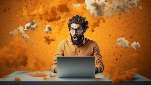 A man with glasses sits at a desk using a laptop, appearing surprised by digital transformation. The vibrant orange background with floating clouds creates a dynamic and surreal atmosphere, hinting at unexpected mistakes along the way.