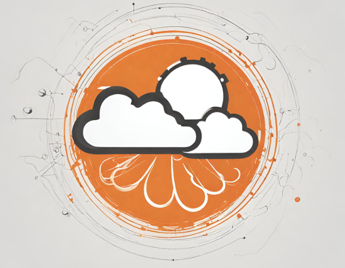 A stylized illustration of a sun partially hidden behind two clouds, set against an orange circular background with artistic swirls and dots, subtly echoes the dynamic energy of tech trends.