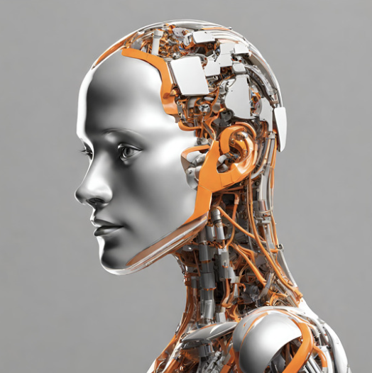 A futuristic humanoid robot, embodying the latest tech trends, features a metallic, skeletal frame with orange and silver accents. Exposed circuitry on its head and chest highlights tech predictions for tomorrow. It’s viewed from a side profile against a neutral background.